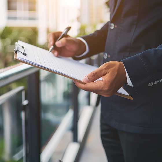 Un des commissaires de justice, anciennement huissiers de l'étude Margolle Barbet & Monchaux en train de réaliser une demande de constat